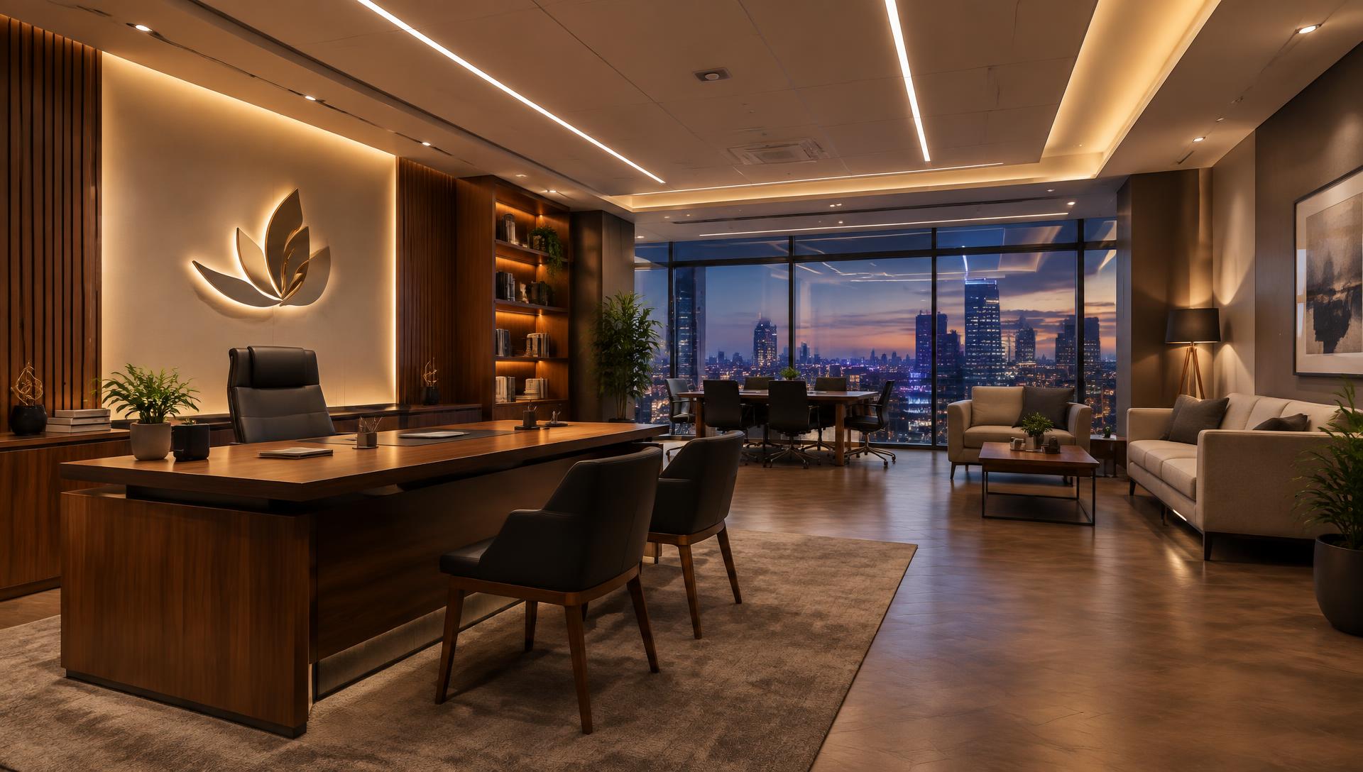Corporate office interior with furniture, ceiling lighting and feature wall