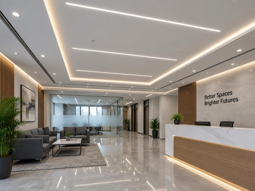 Office reception with false ceiling and linear LED lights