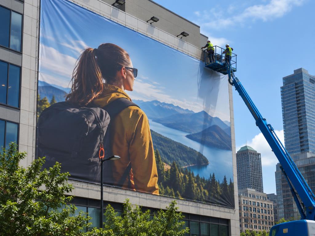 Large flex banner being installed on a building facade